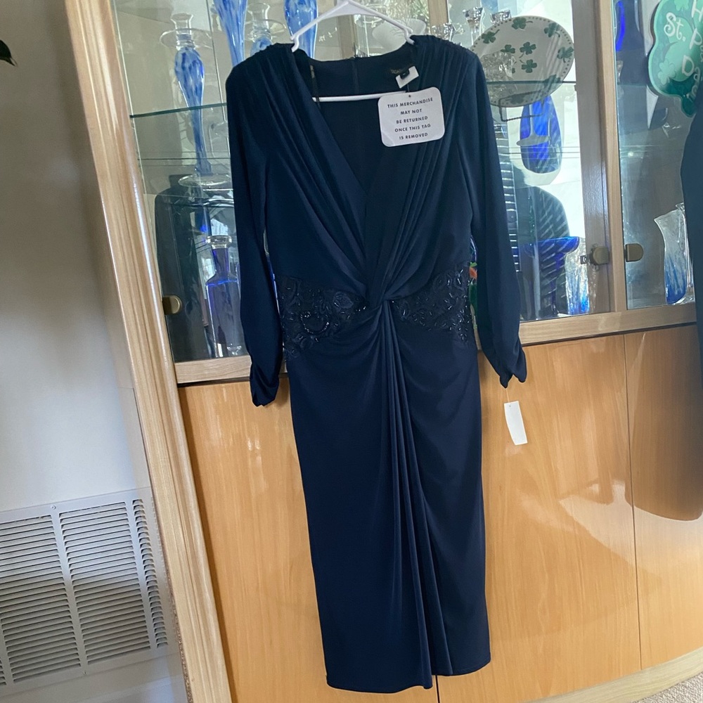Size M Tadashi Shoji Knee length navy blue beaded dress with tags.
